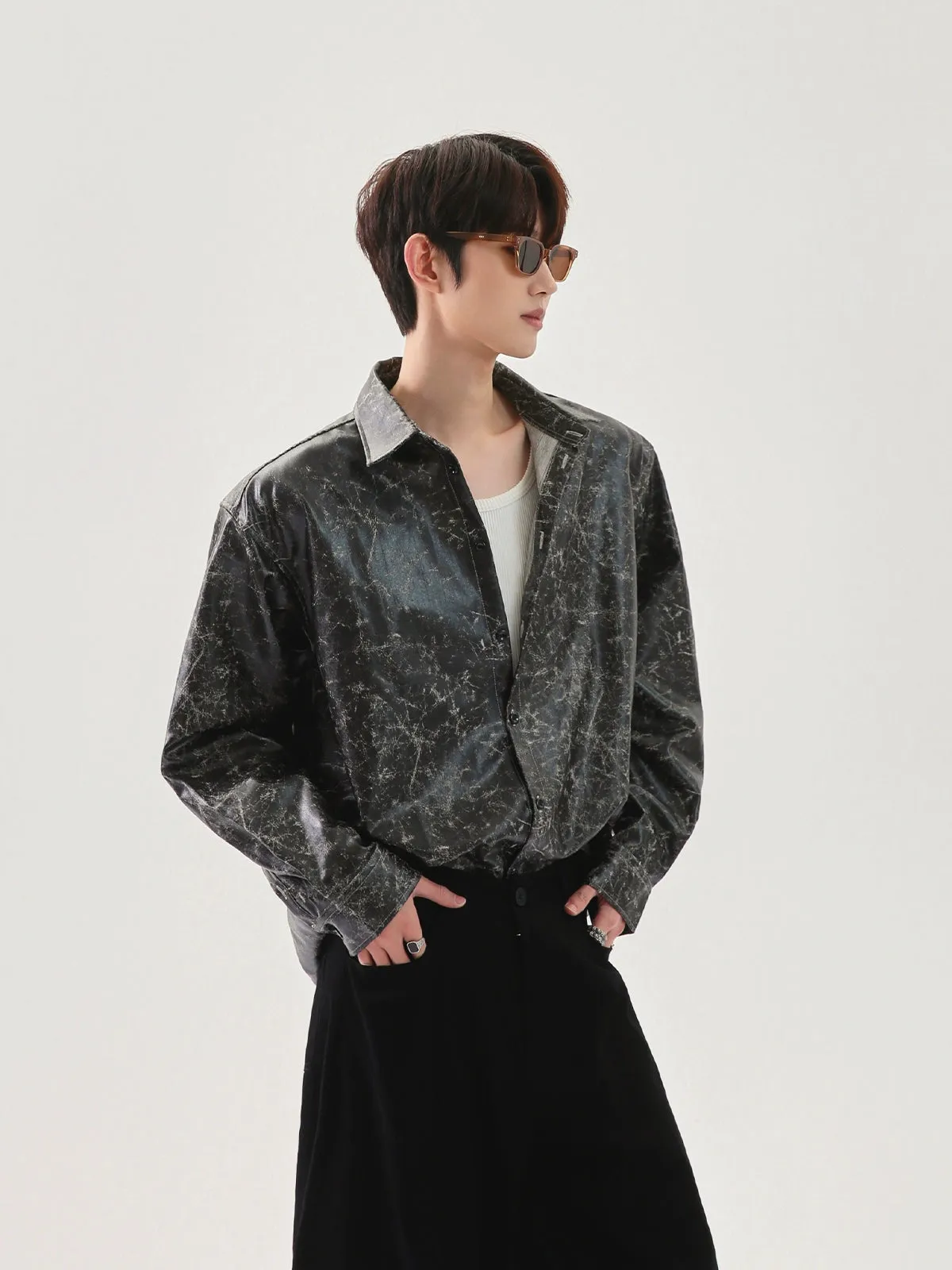 Casual Cracked PU Leather Shirt