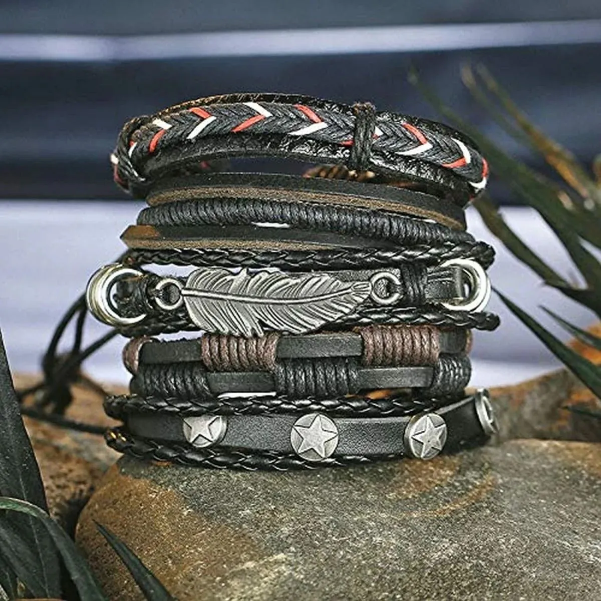 Casual Party Wear Black Leather Wraps Bracelets for Men