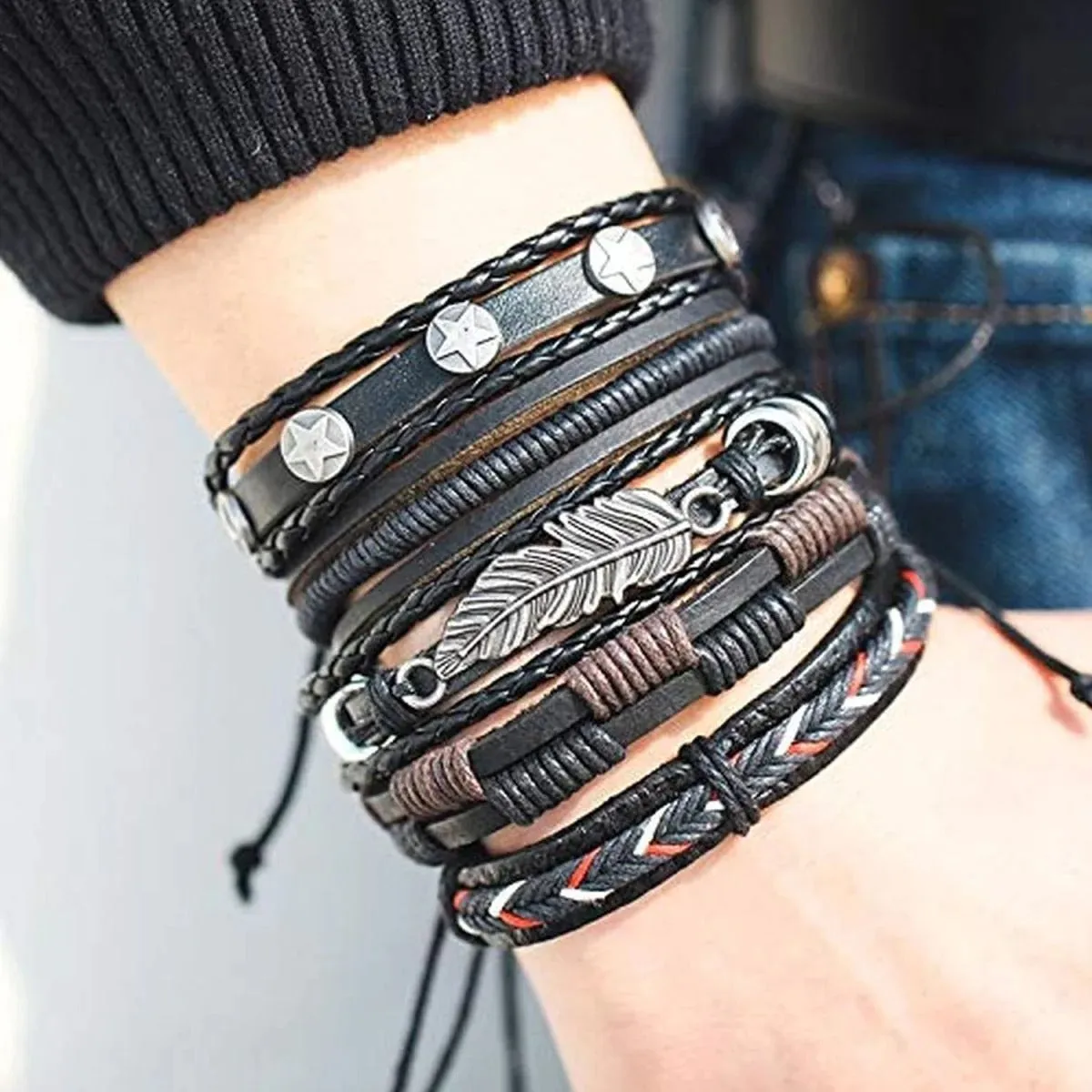 Casual Party Wear Black Leather Wraps Bracelets for Men