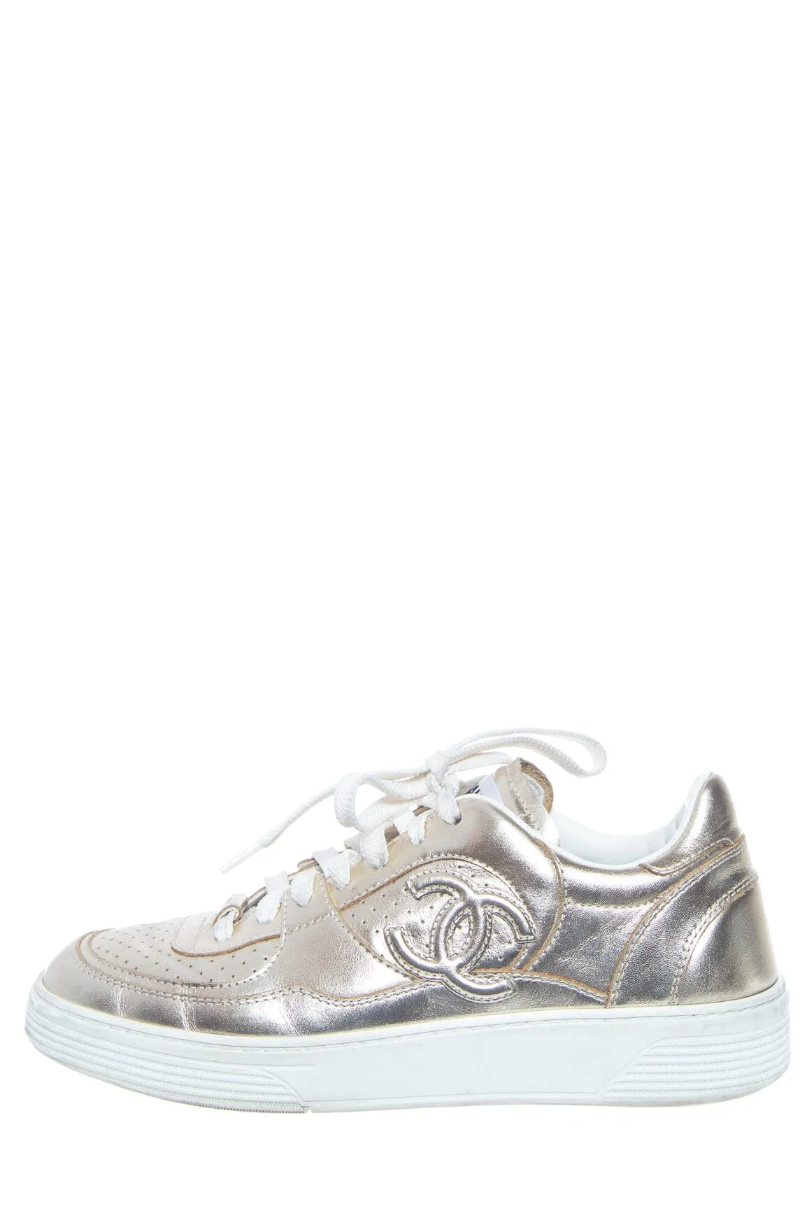 Chanel Gold Lace Up Sneakers SZ 38