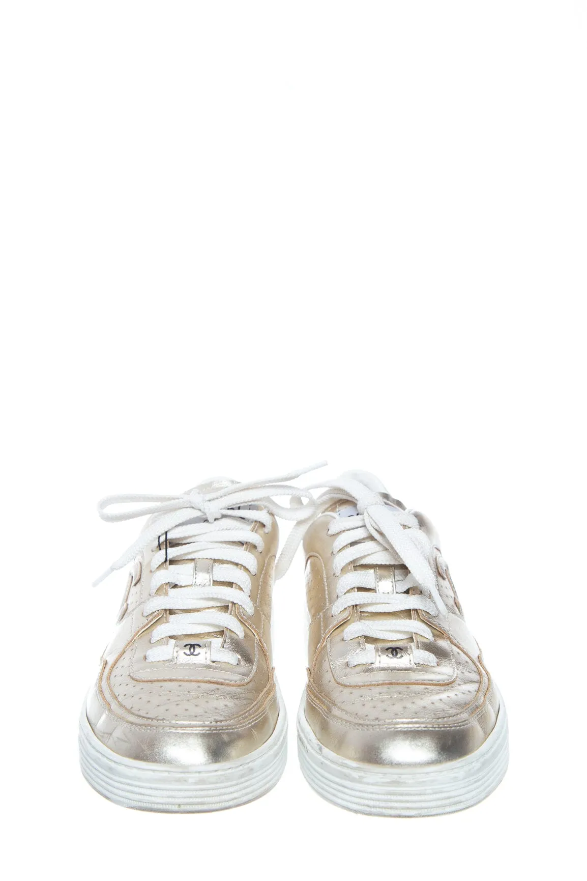 Chanel Gold Lace Up Sneakers SZ 38