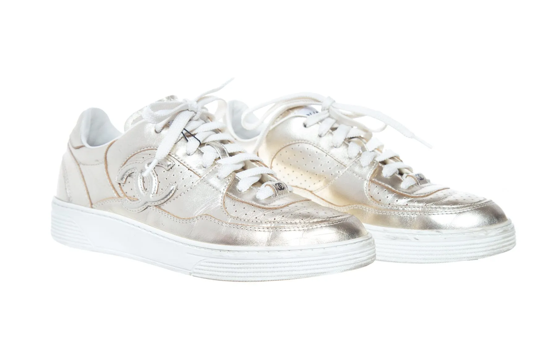 Chanel Gold Lace Up Sneakers SZ 38