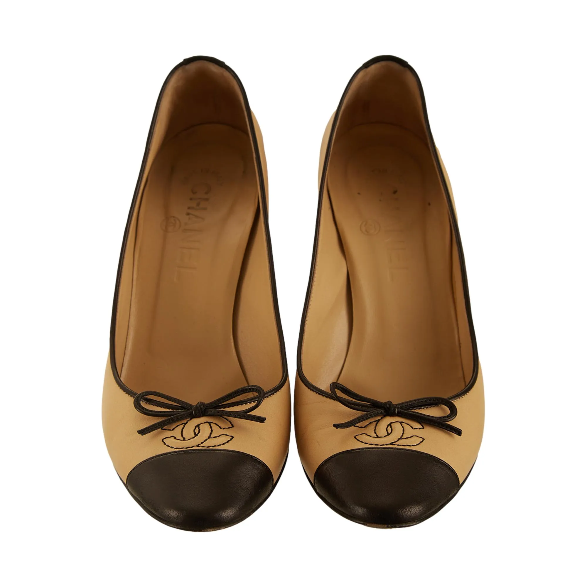 Chanel Tan Color Block Logo Heels