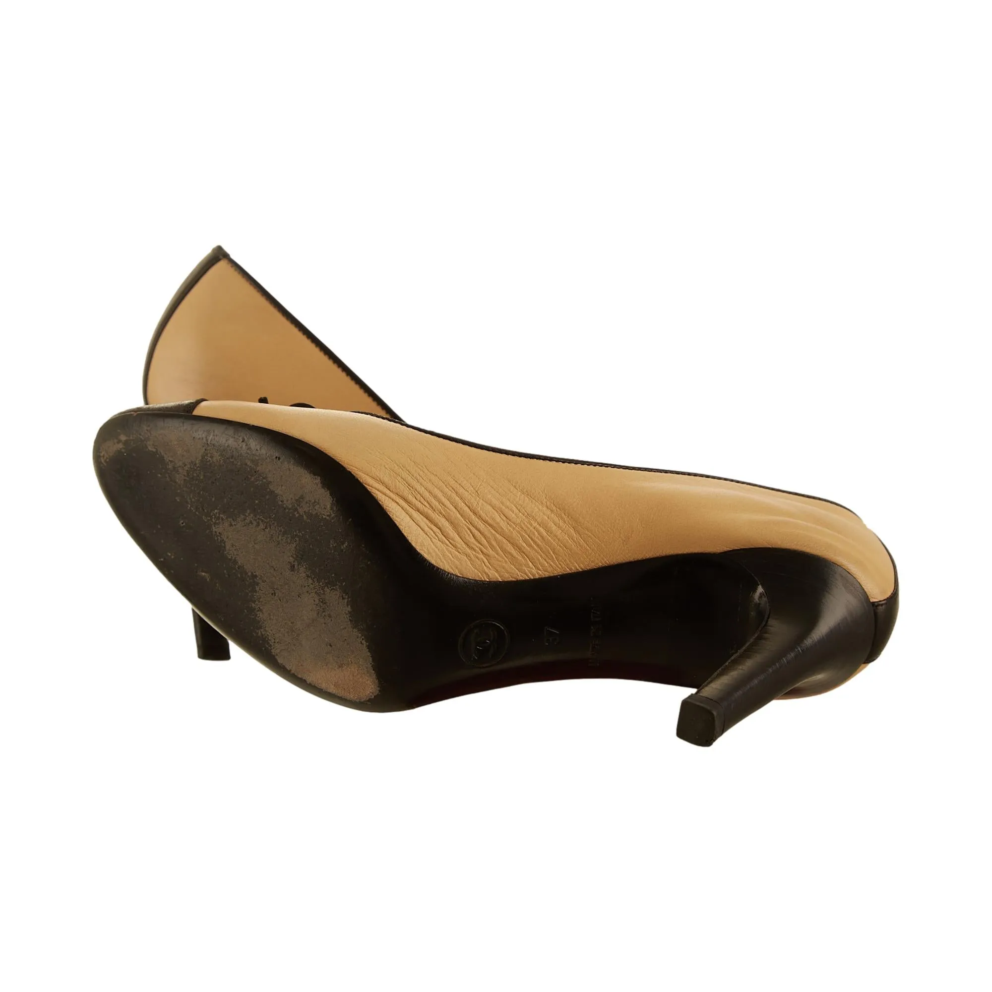 Chanel Tan Color Block Logo Heels