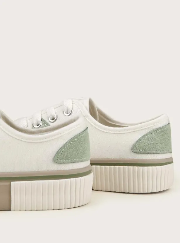 Color Block Lace-up Front Sneakers - White & Green
