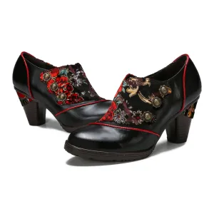CrazycatZ Leather Pumps,Women  Vintage Block Heel Oxford Vintage Shoes Floral Oxford Shoes Black