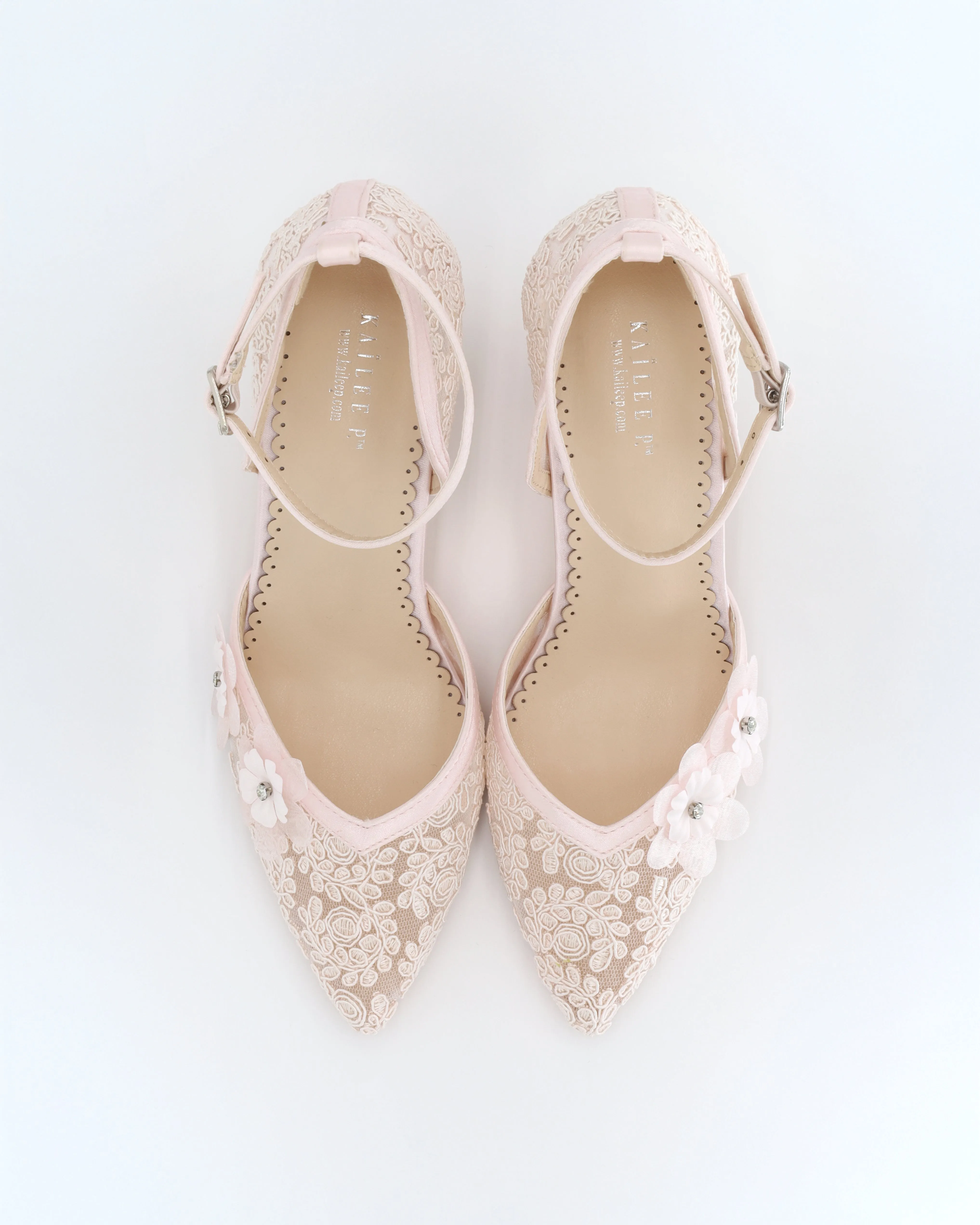 Dusty Pink Lace Block Heels Evening Shoes with Flower Applique