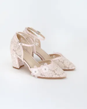 Dusty Pink Lace Block Heels Evening Shoes with Flower Applique