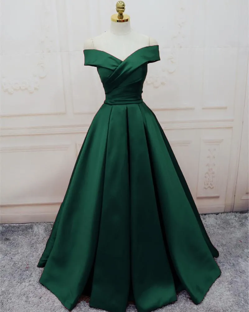 Green Satin Off Shoulder Lace-up Formal Gown, Senior Prom Dresses