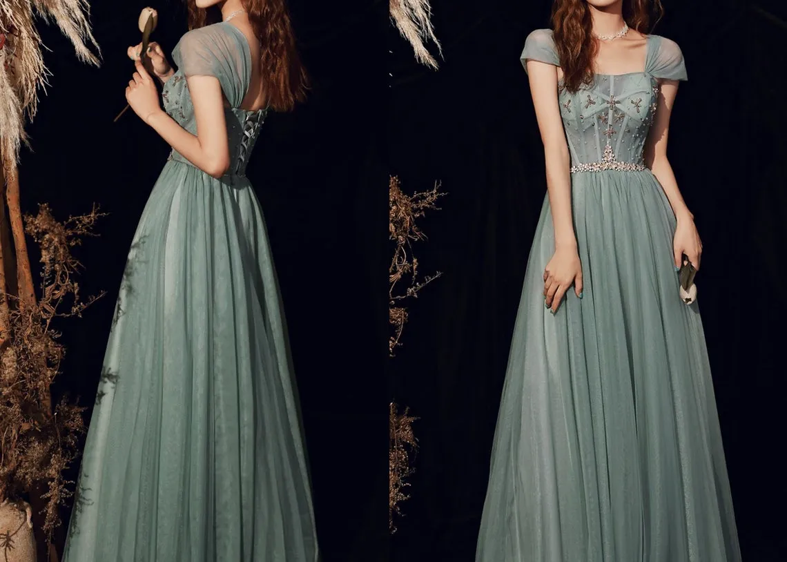 Green Spaghetti Straps Prom Dress Fairy Evening Party Dress Lace-up Slleveless Prom Gown OKW78