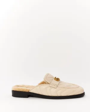 Gucci White Matelassé Leather Marmont GG Nappa Charlotte Shearling Slides - 38