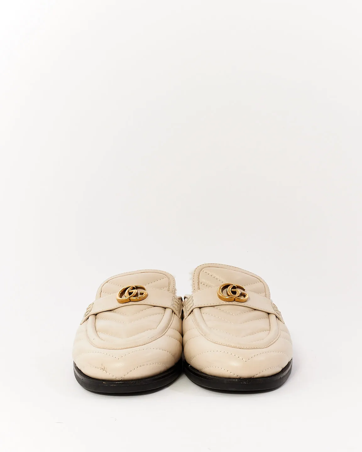 Gucci White Matelassé Leather Marmont GG Nappa Charlotte Shearling Slides - 38