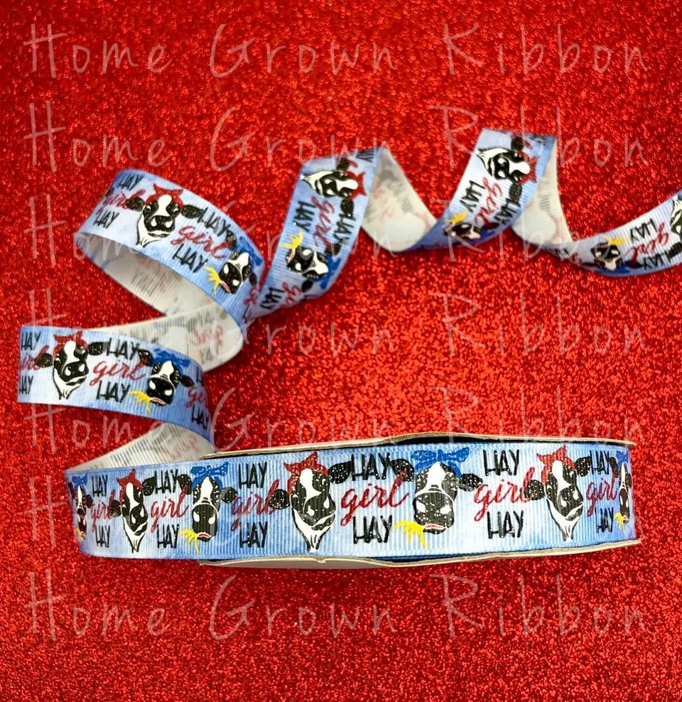 Hay Girl Hay Sassy Cow USDR Ribbon on Denim Background - 7/8 Inch - 1.5 Inch - 3 Inch