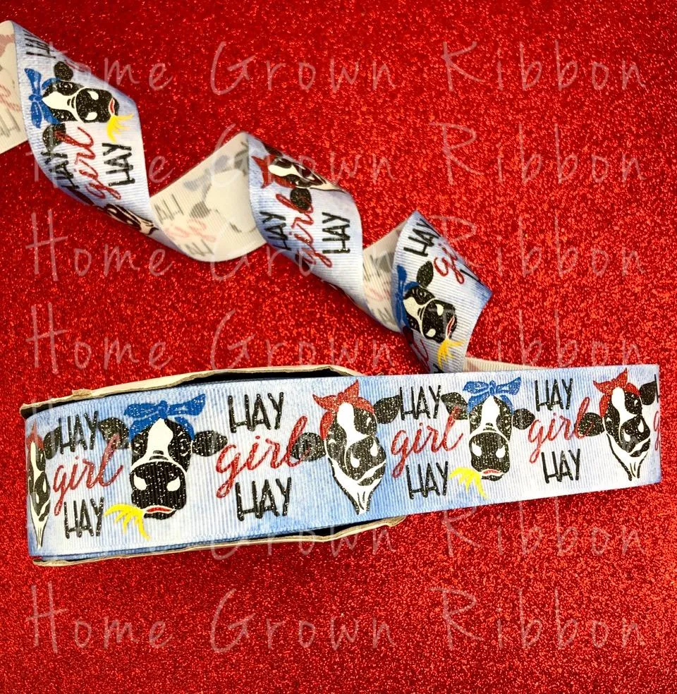 Hay Girl Hay Sassy Cow USDR Ribbon on Denim Background - 7/8 Inch - 1.5 Inch - 3 Inch
