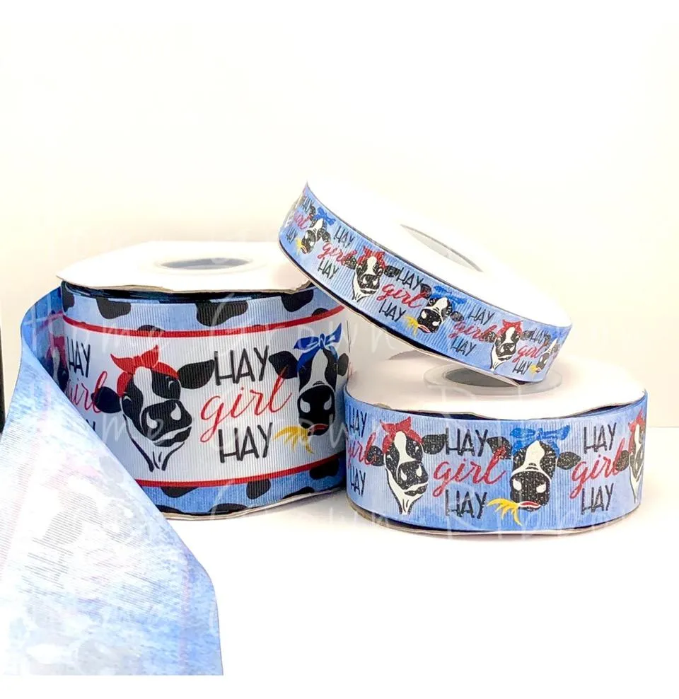 Hay Girl Hay Sassy Cow USDR Ribbon on Denim Background - 7/8 Inch - 1.5 Inch - 3 Inch