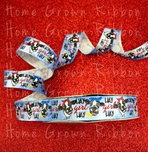 Hay Girl Hay Sassy Cow USDR Ribbon on Denim Background - 7/8 Inch - 1.5 Inch - 3 Inch
