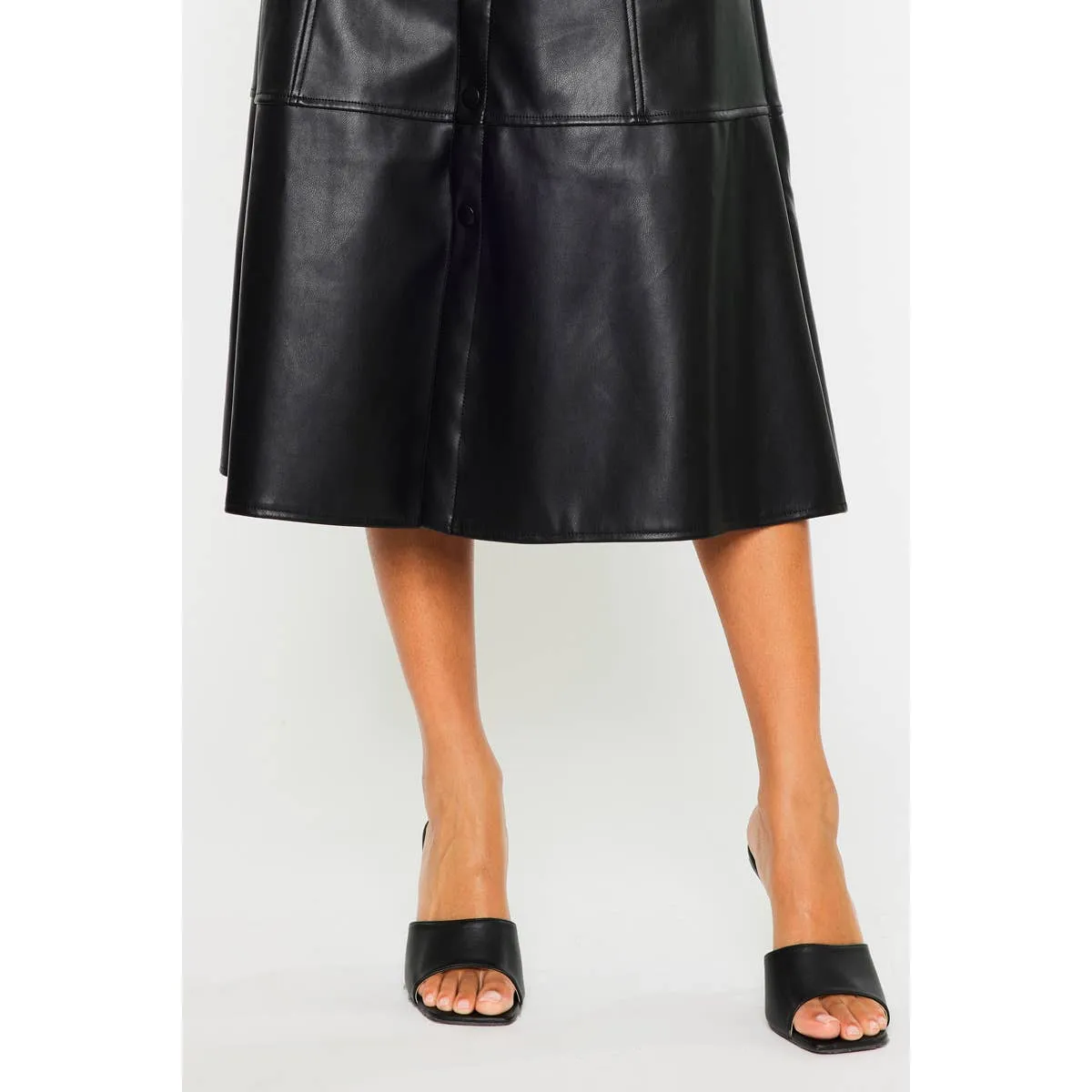 High Rise Faux Leather Midi Skirt