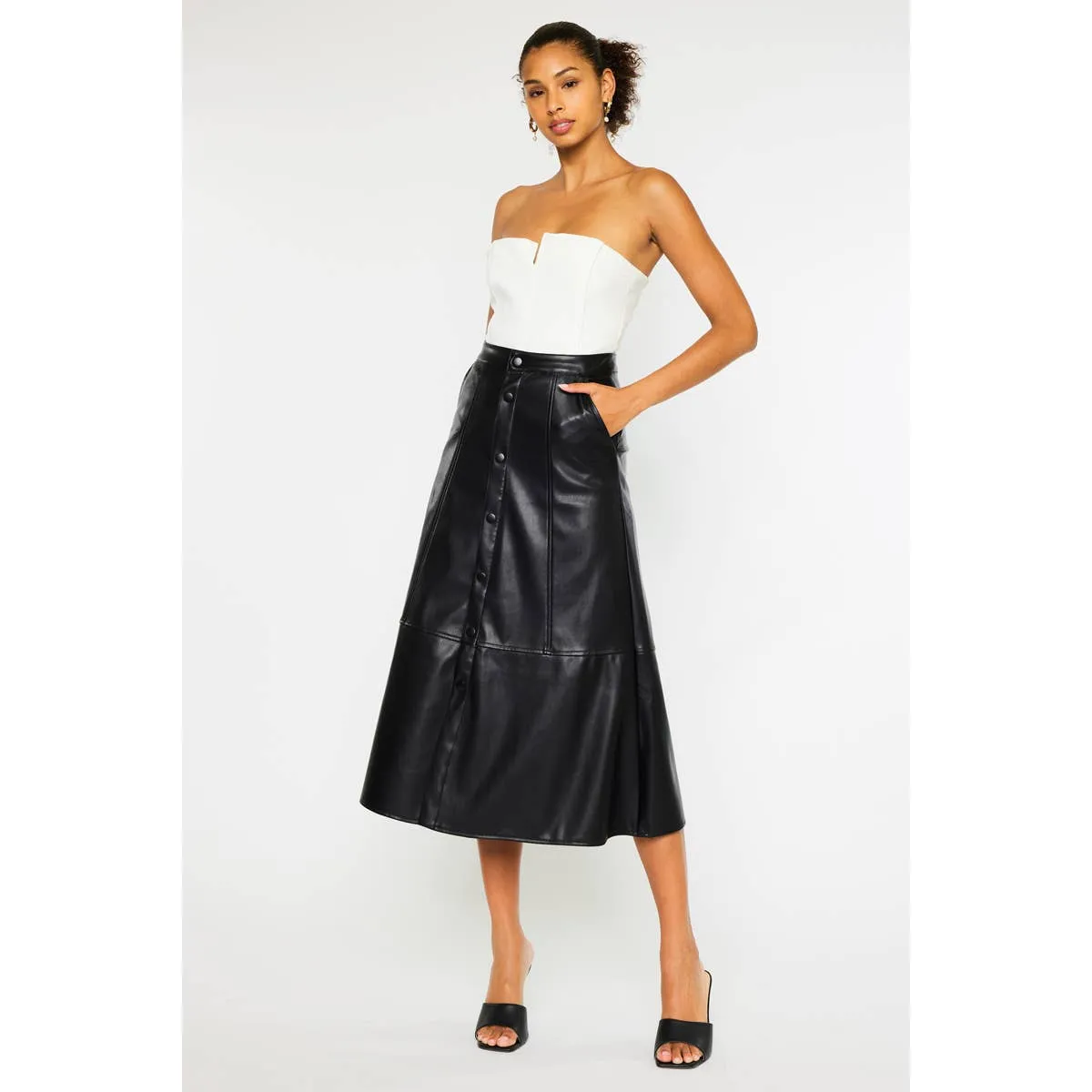 High Rise Faux Leather Midi Skirt