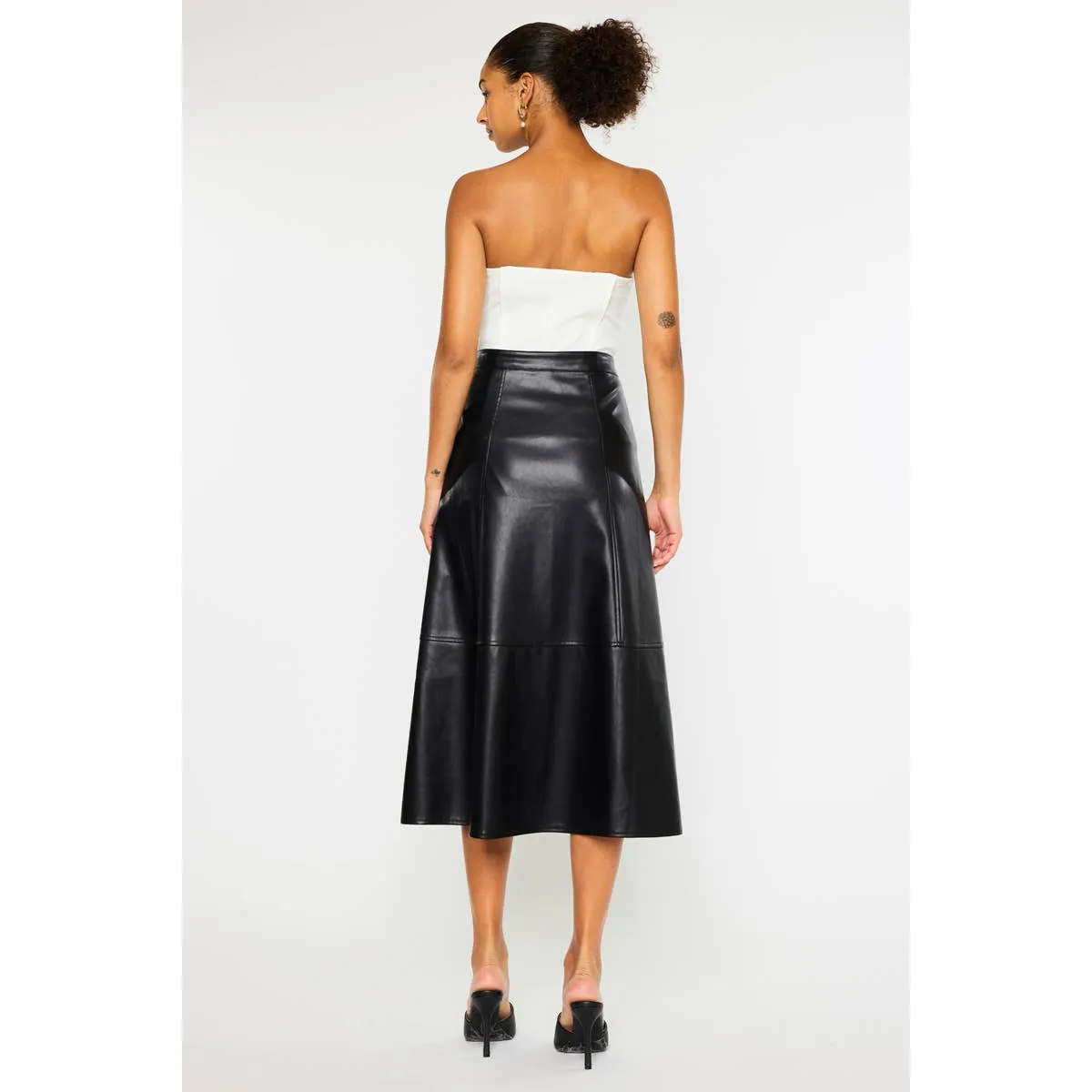 High Rise Faux Leather Midi Skirt