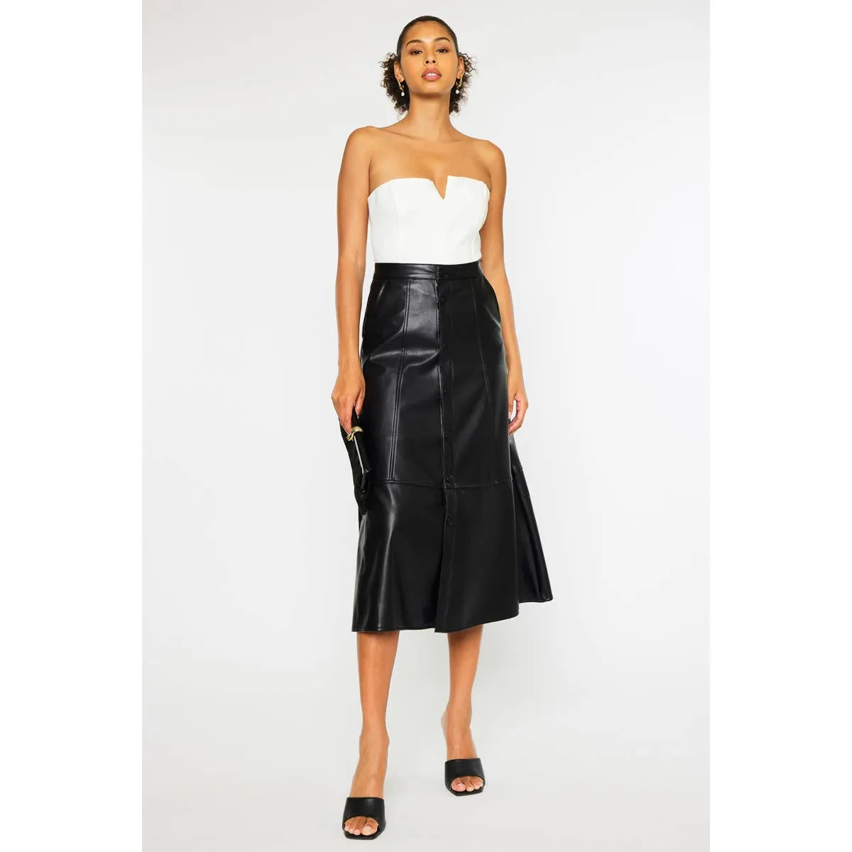 High Rise Faux Leather Midi Skirt