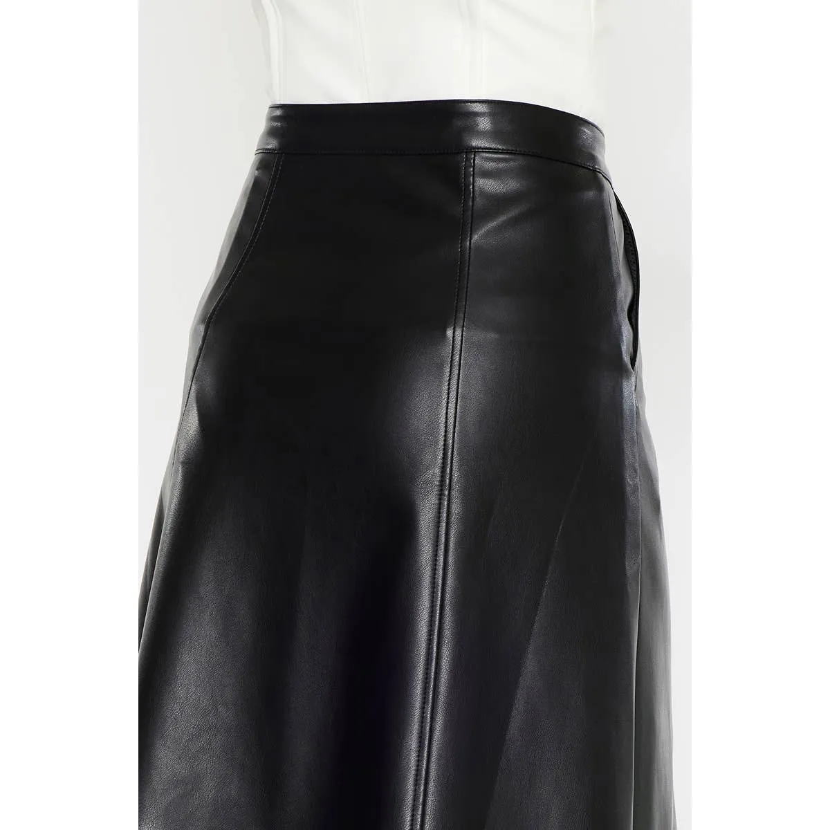 High Rise Faux Leather Midi Skirt
