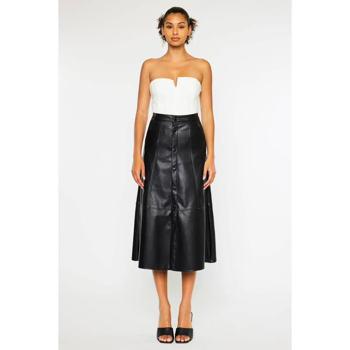 High Rise Faux Leather Midi Skirt