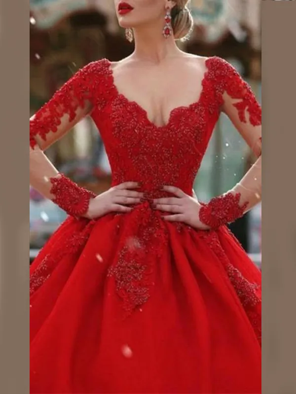 Illusion Lace Long Sleeve V-neck A-line Long Prom Party Dress, Ball Gown, PD3092