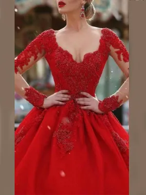 Illusion Lace Long Sleeve V-neck A-line Long Prom Party Dress, Ball Gown, PD3092
