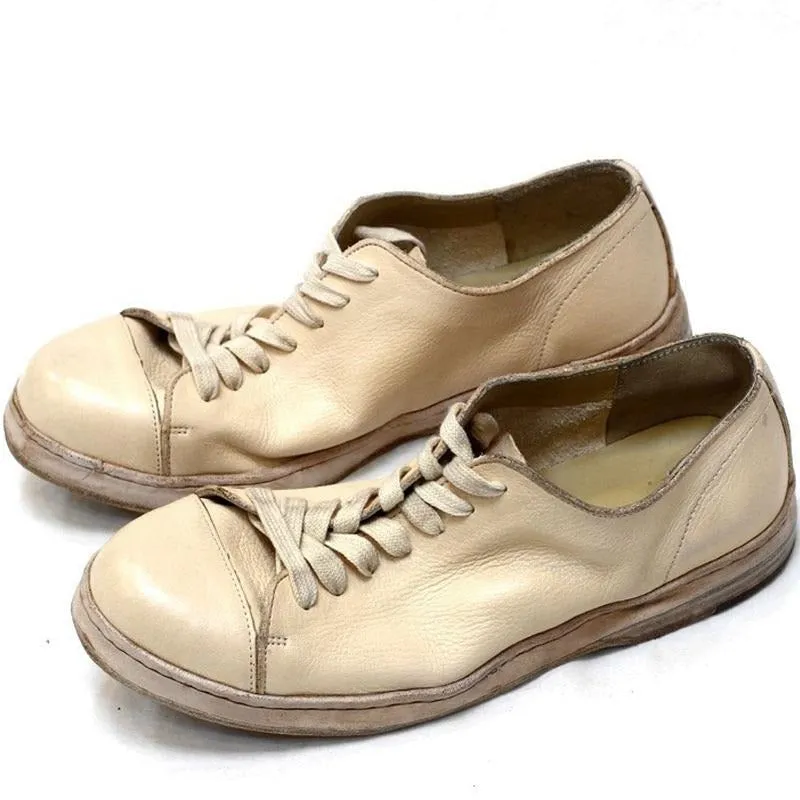 Italian Manual Washing Vintage Genuine Leather Casual Shoes Sneakers Fashion Lace Up Round Toe Platform Trainers Chaussure Homme