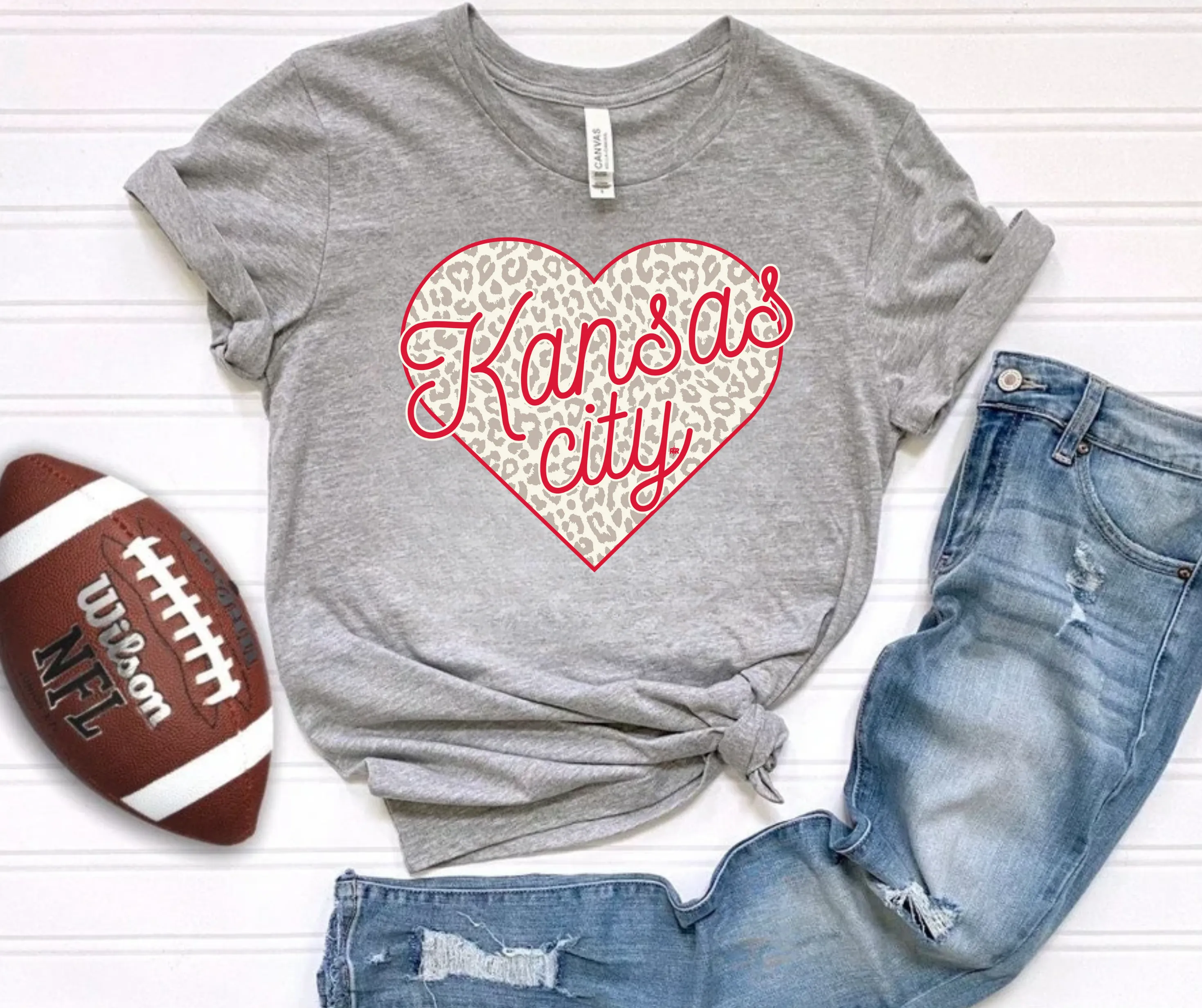 Kansas City Neutral Leopard Heart Grey Tee