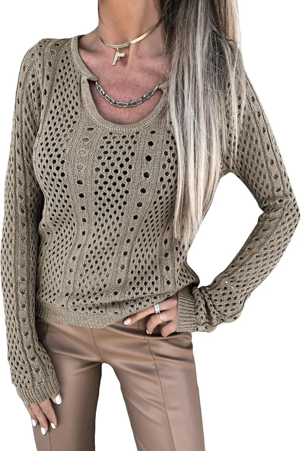 Khaki Hollow-out Chain Neckline Knit Sweater
