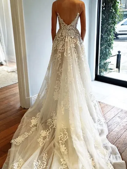 Lace Sexy Spaghetti Straps Appliques Court Train Wedding Dress
