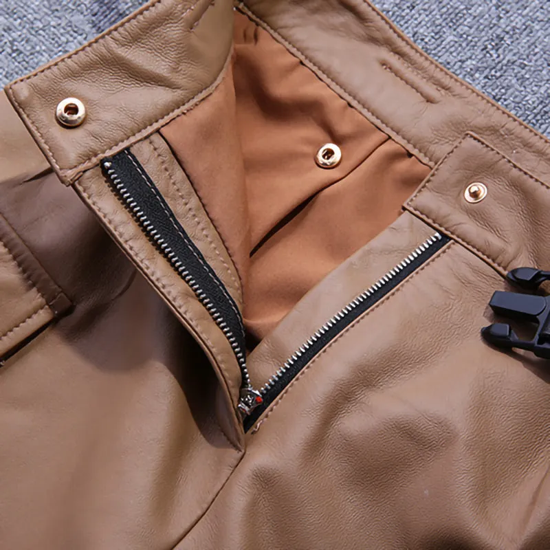 Lady Leather Pants Belt Tooling Genuine Lambskin Large Pocket Beam Legs Slim Pants Casual 2022 New TF4598