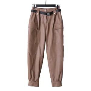 Lady Leather Pants Belt Tooling Genuine Lambskin Large Pocket Beam Legs Slim Pants Casual 2022 New TF4598