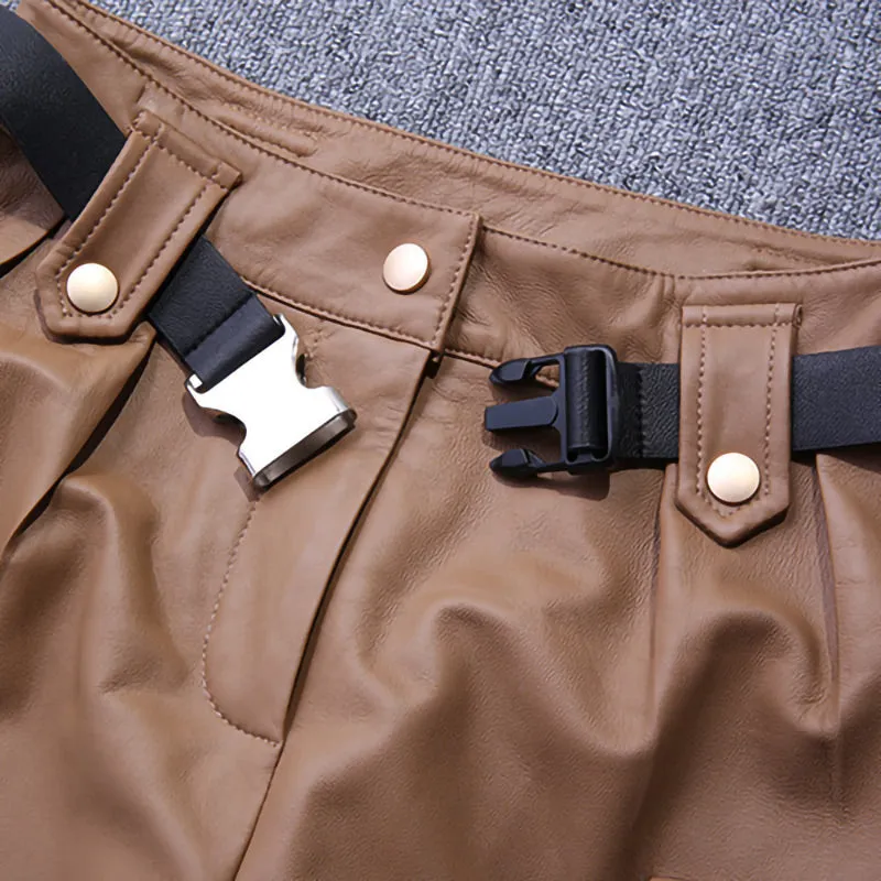 Lady Leather Pants Belt Tooling Genuine Lambskin Large Pocket Beam Legs Slim Pants Casual 2022 New TF4598