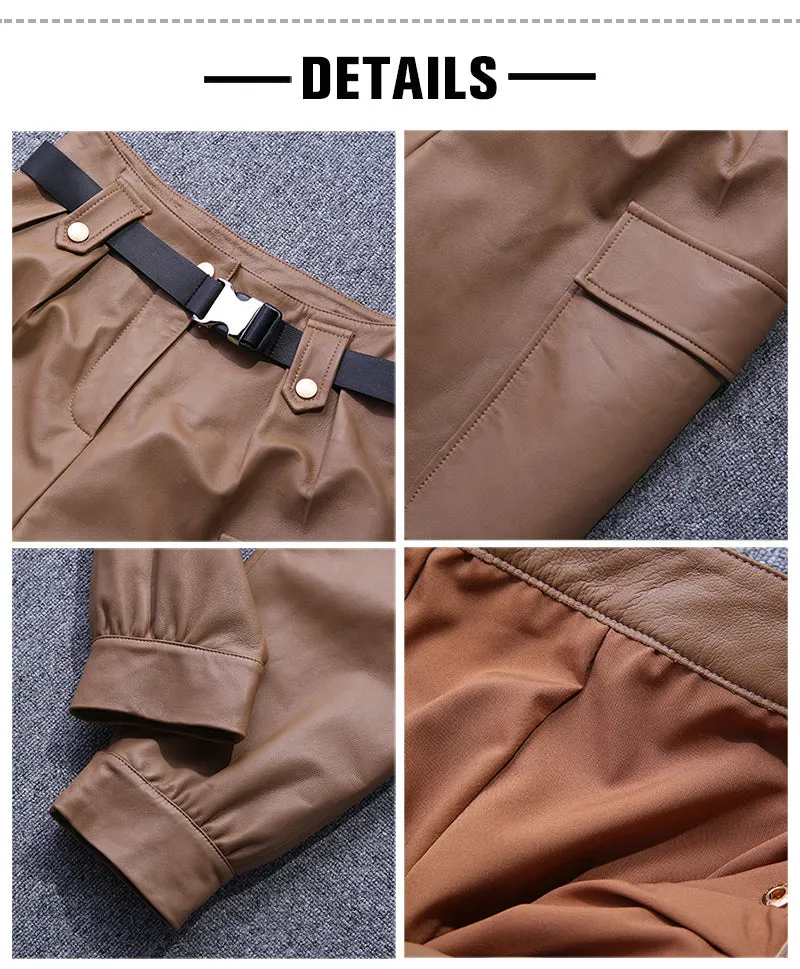 Lady Leather Pants Belt Tooling Genuine Lambskin Large Pocket Beam Legs Slim Pants Casual 2022 New TF4598