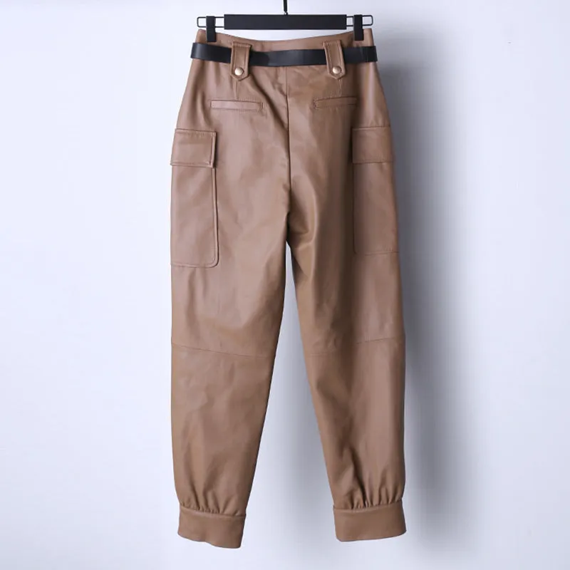 Lady Leather Pants Belt Tooling Genuine Lambskin Large Pocket Beam Legs Slim Pants Casual 2022 New TF4598