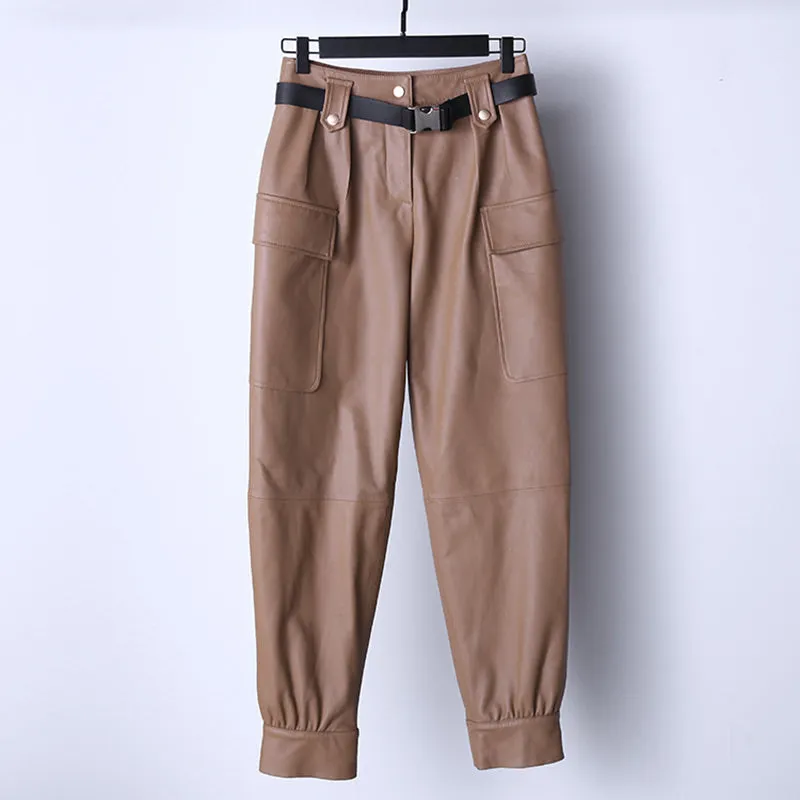 Lady Leather Pants Belt Tooling Genuine Lambskin Large Pocket Beam Legs Slim Pants Casual 2022 New TF4598