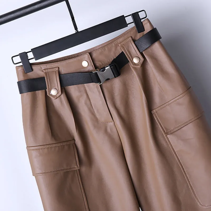 Lady Leather Pants Belt Tooling Genuine Lambskin Large Pocket Beam Legs Slim Pants Casual 2022 New TF4598