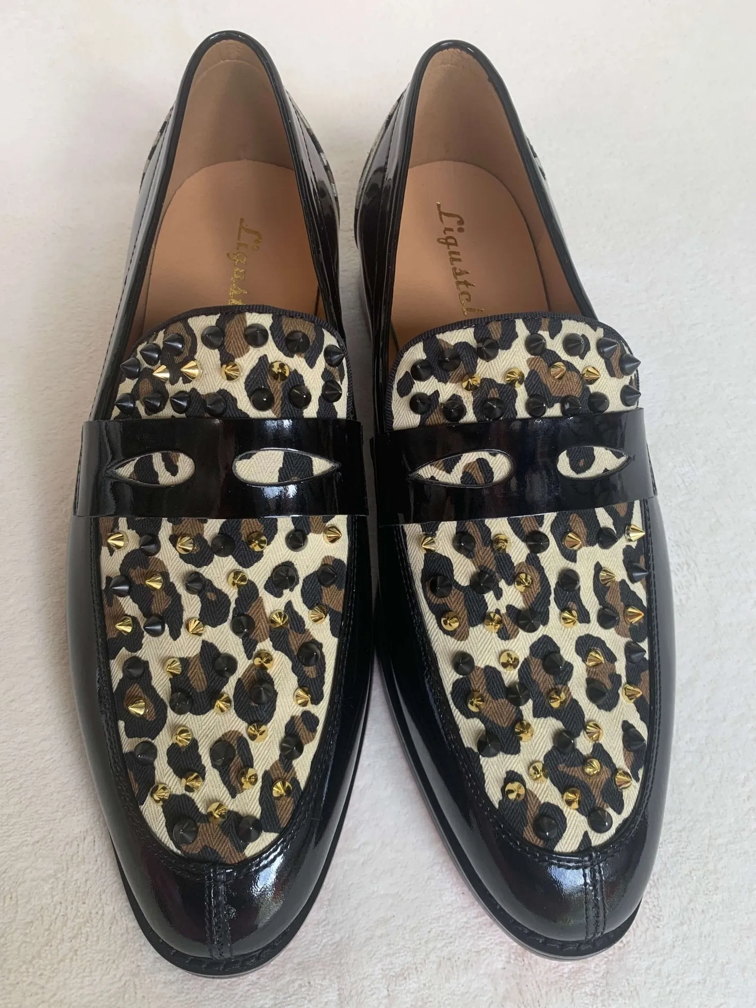Leopard horse hair Spikes Mens Loafers Red Bottom