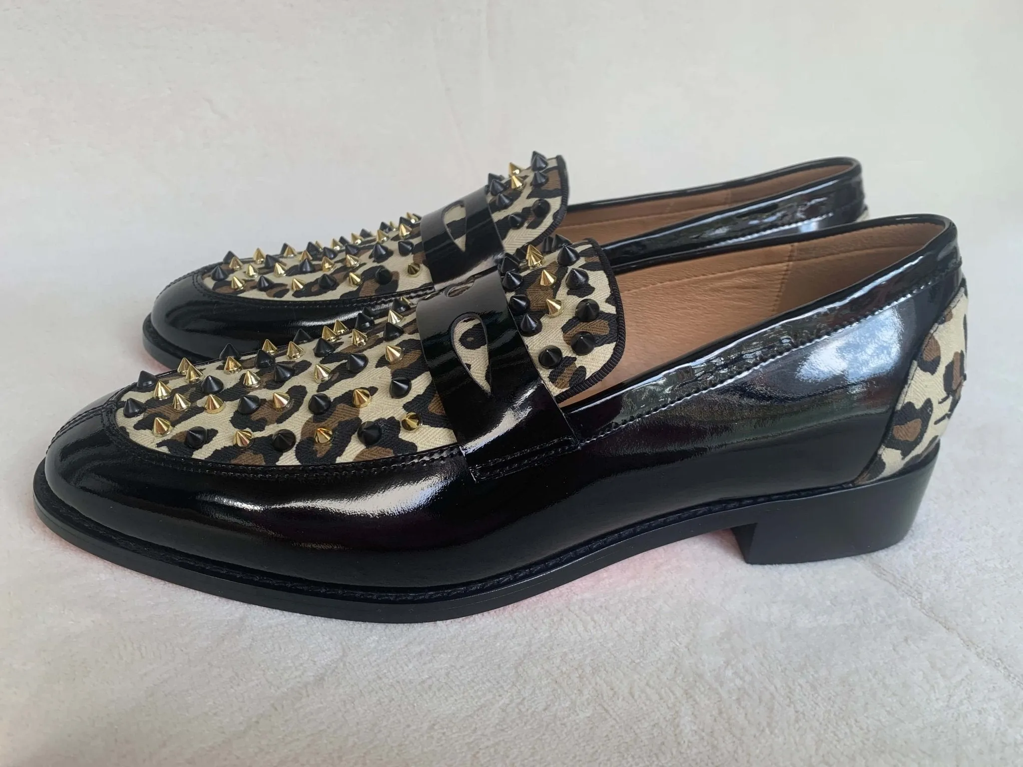 Leopard horse hair Spikes Mens Loafers Red Bottom