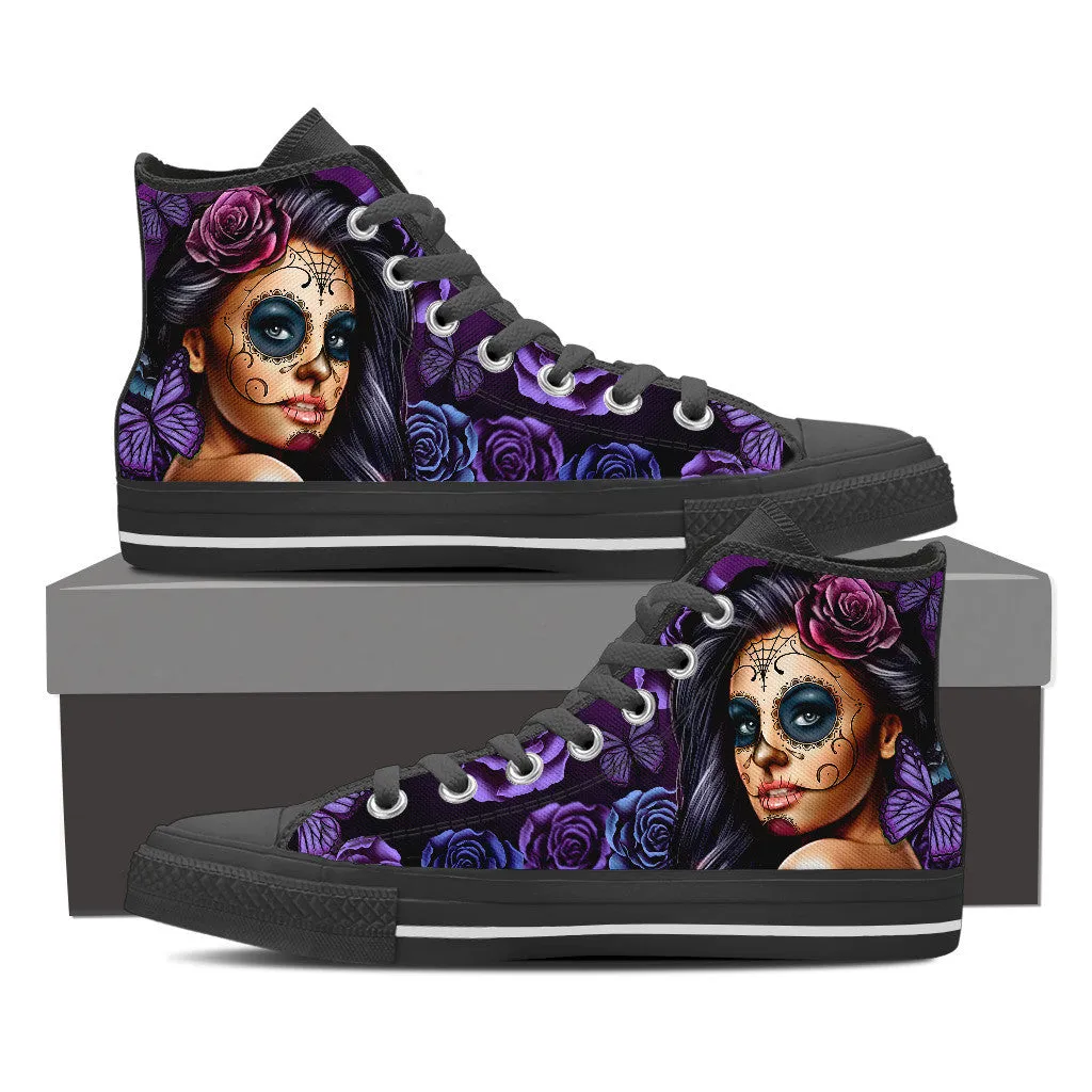 Mens Calavera Tattoo Girl Canvas High Tops (Select Size and Color)