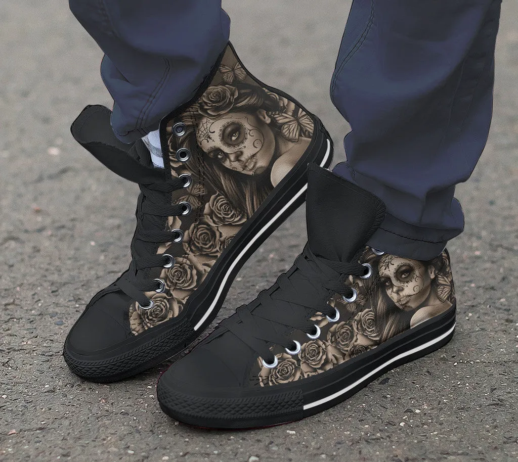 Mens Calavera Tattoo Girl Canvas High Tops (Select Size and Color)