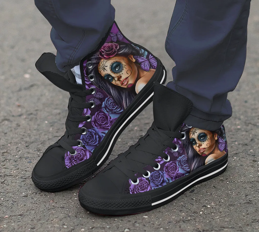 Mens Calavera Tattoo Girl Canvas High Tops (Select Size and Color)