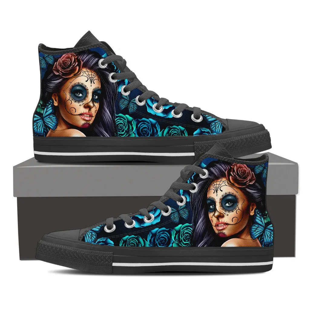 Mens Calavera Tattoo Girl Canvas High Tops (Select Size and Color)