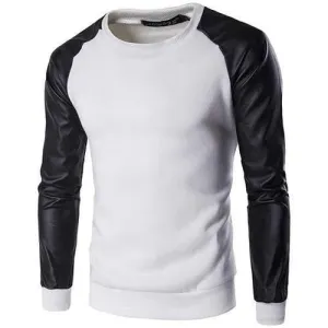 Mens Long Sleeves Sweatshirt Fashion Splicing Color PU Leather SLeeve Casual Pullover