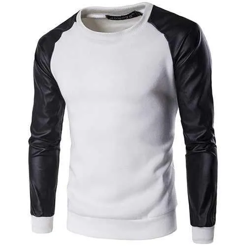 Mens Long Sleeves Sweatshirt Fashion Splicing Color PU Leather SLeeve Casual Pullover