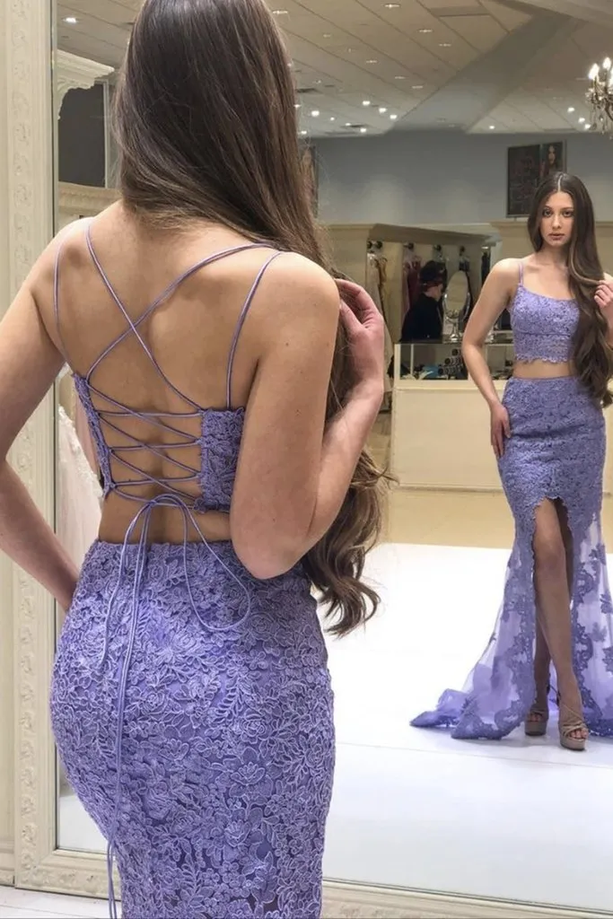 Mermaid 2 Pieces Purple Lace Long Prom Dress with Slit, Evening Dress CMS211146