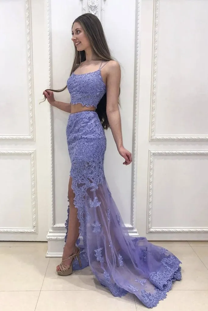 Mermaid 2 Pieces Purple Lace Long Prom Dress with Slit, Evening Dress CMS211146