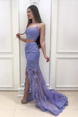 Mermaid 2 Pieces Purple Lace Long Prom Dress with Slit, Evening Dress CMS211146